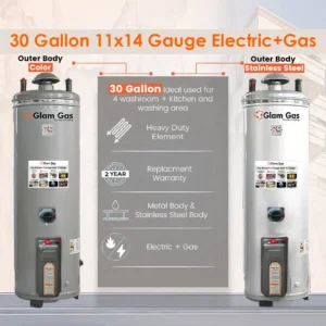 Glam Gas Storage Geyser 30 Gallon (11X14 Guage) - Hybrid Gas+Electric+Auto Ignition Water Heater
