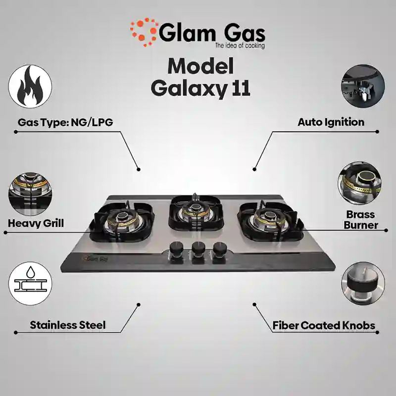 GlamGas Hob Galaxy Stainless Steel 3 Big Burner - Modern Built-In Hob, Kitchen Stove, Gas Stove GlamGas Hob Galaxy Stainless Steel 3 Big Burner - Modern Built-In Hob, Kitchen Stove, Gas Stove